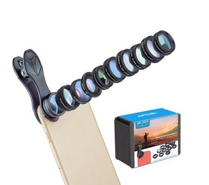 APEXEL Phone Lens Kit Universal 10 In 1 Fisheye Wide Angle Macro Lens CPL Filter Kaleidoscope 2X Telescope Lens For Smartphone