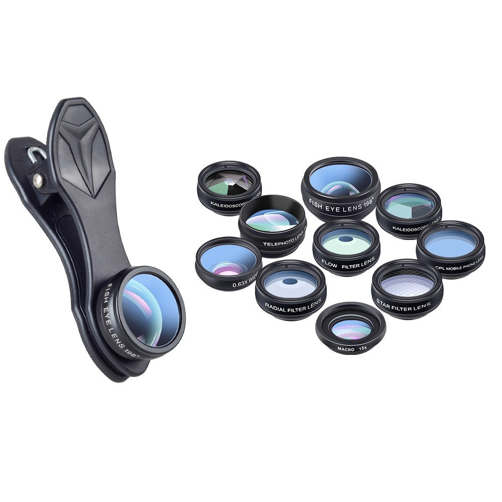 APEXEL Phone Lens Kit Universal 10 In 1 Fisheye Wide Angle Macro Lens CPL Filter Kaleidoscope 2X Telescope Lens For Smartphone